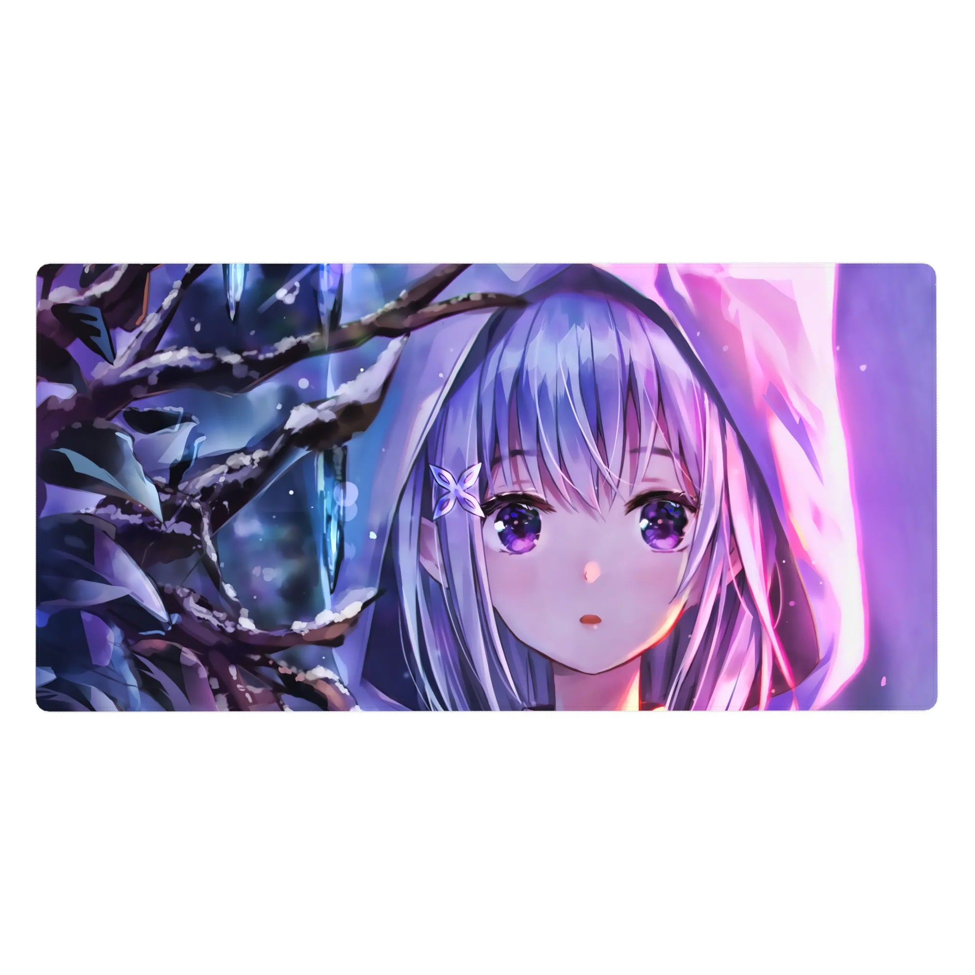 Anime girl desk pad 40x20 inches with starry-eyed Emilia, silver hair, snowy branches, dark forest art.