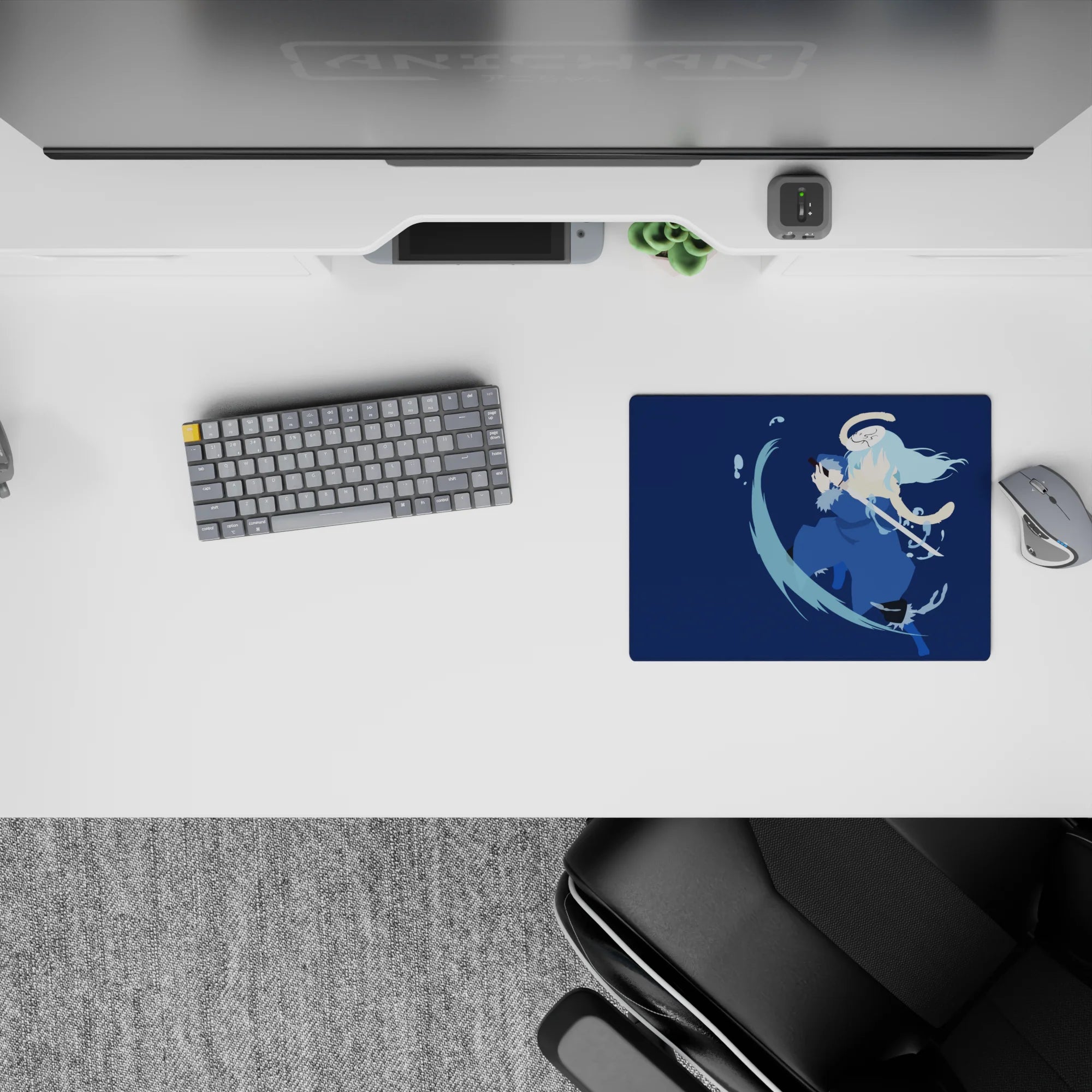 Deep navy and blue tones anime mouse pad 14x10 inches, calm yet intense minimalist swordsman art.