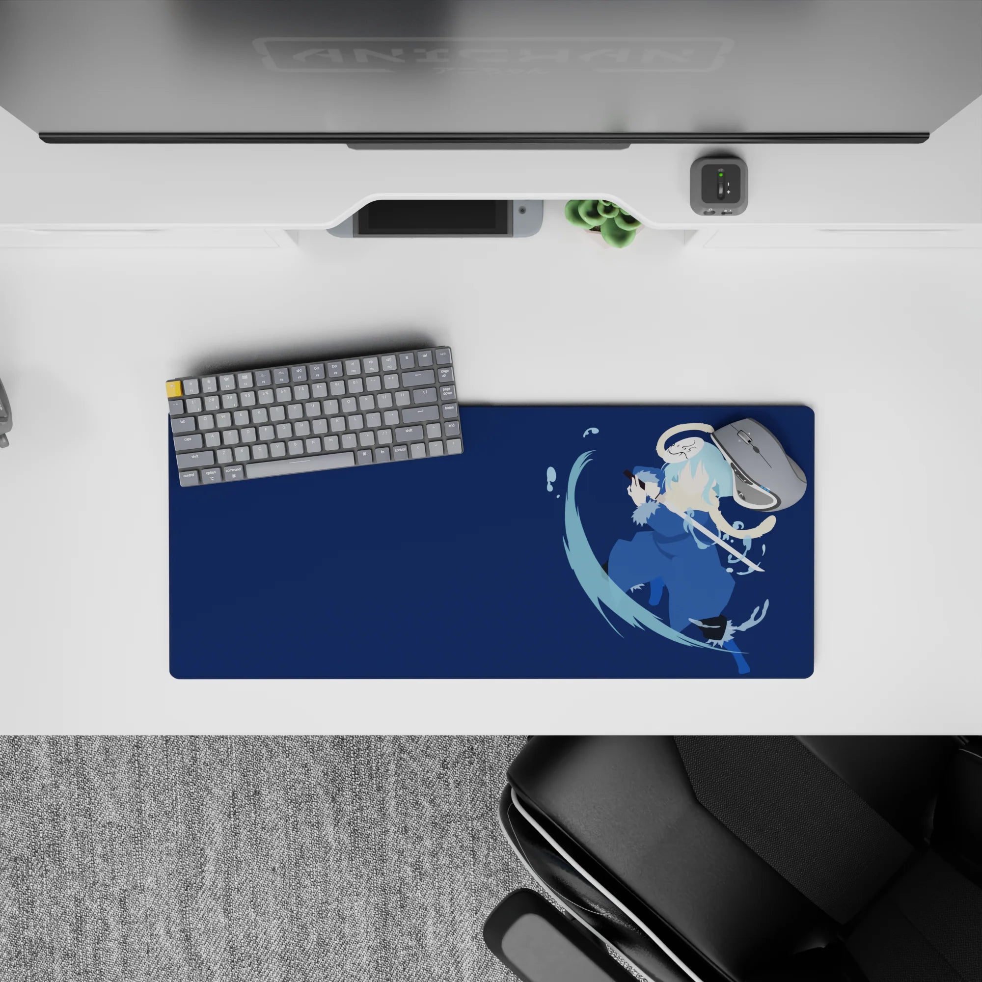 28x12 inches anime mouse pad in deep navy and cool blues, calm intense mood with misty pale hair.