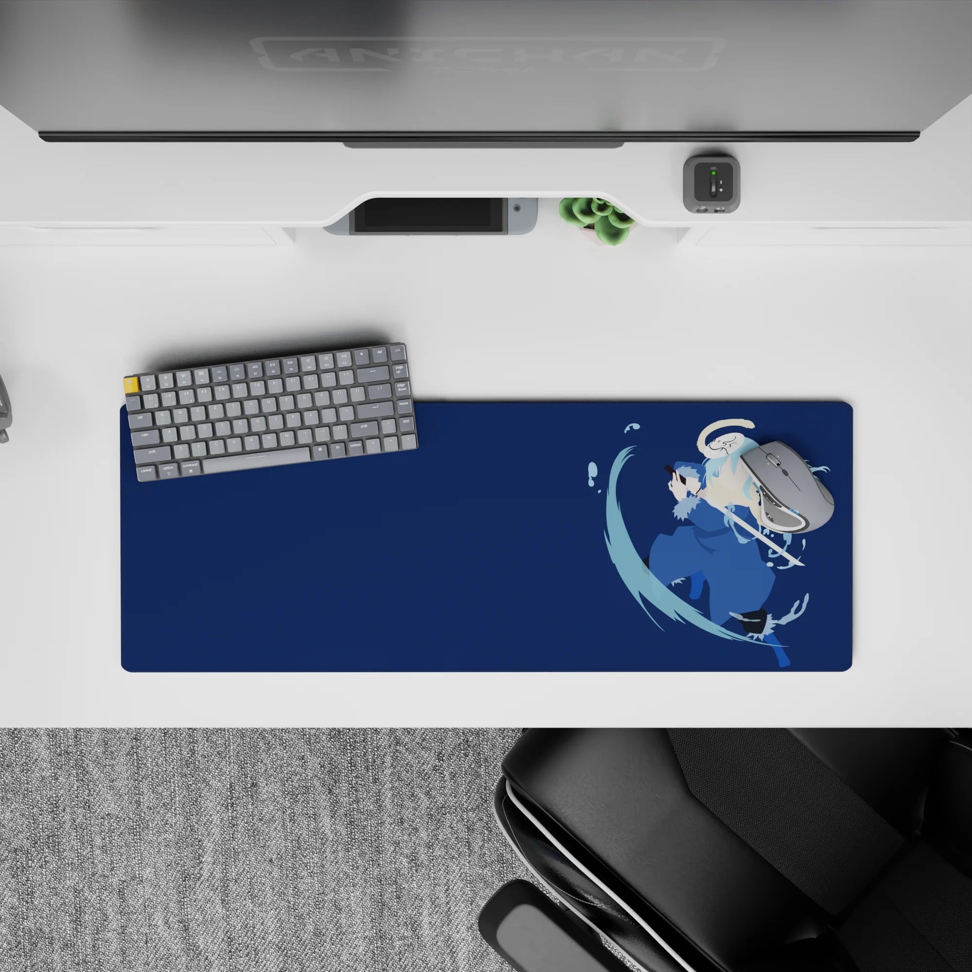 32x12 inches anime mouse pad in deep navy and cool blues, calm intense mood with crisp lines for steady aim.