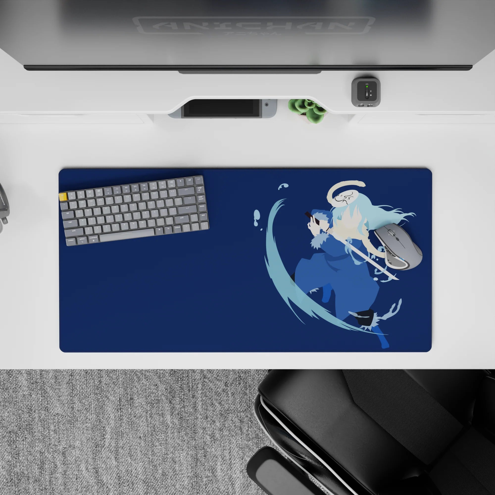 32x16 inches anime mouse pad in deep navy with cool blue accents, calm intense mood, minimalist lines.