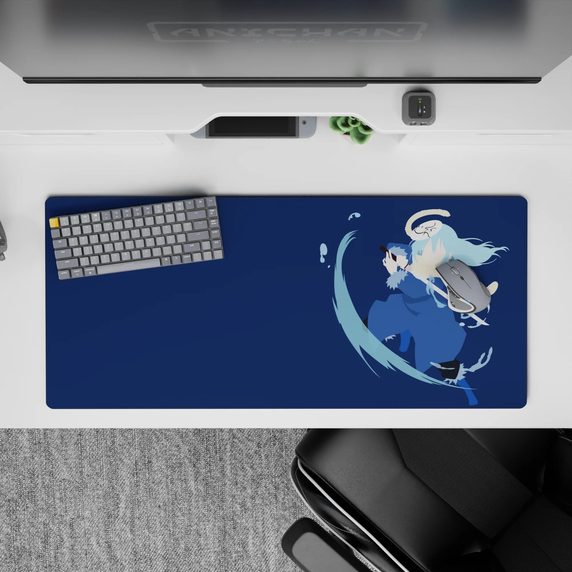 36x16 inches anime desk pad in calm deep navy tones, pale hair mist, quiet intense mood.