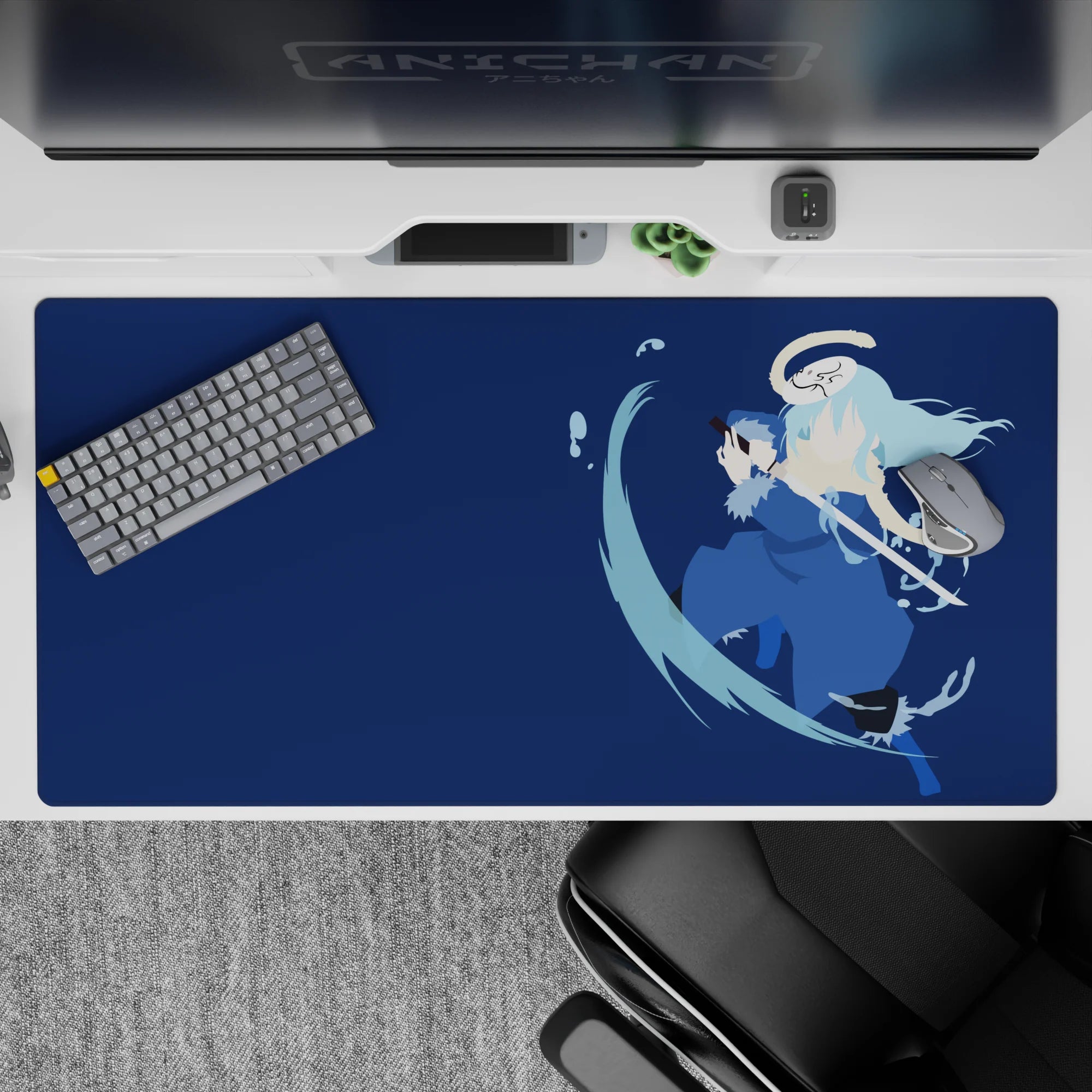 Moody deep navy 40x20 inches anime desk pad with cool blues, misty pale hair, calm intense vibe.