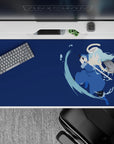 Moody deep navy 40x20 inches anime desk pad with cool blues, misty pale hair, calm intense vibe.