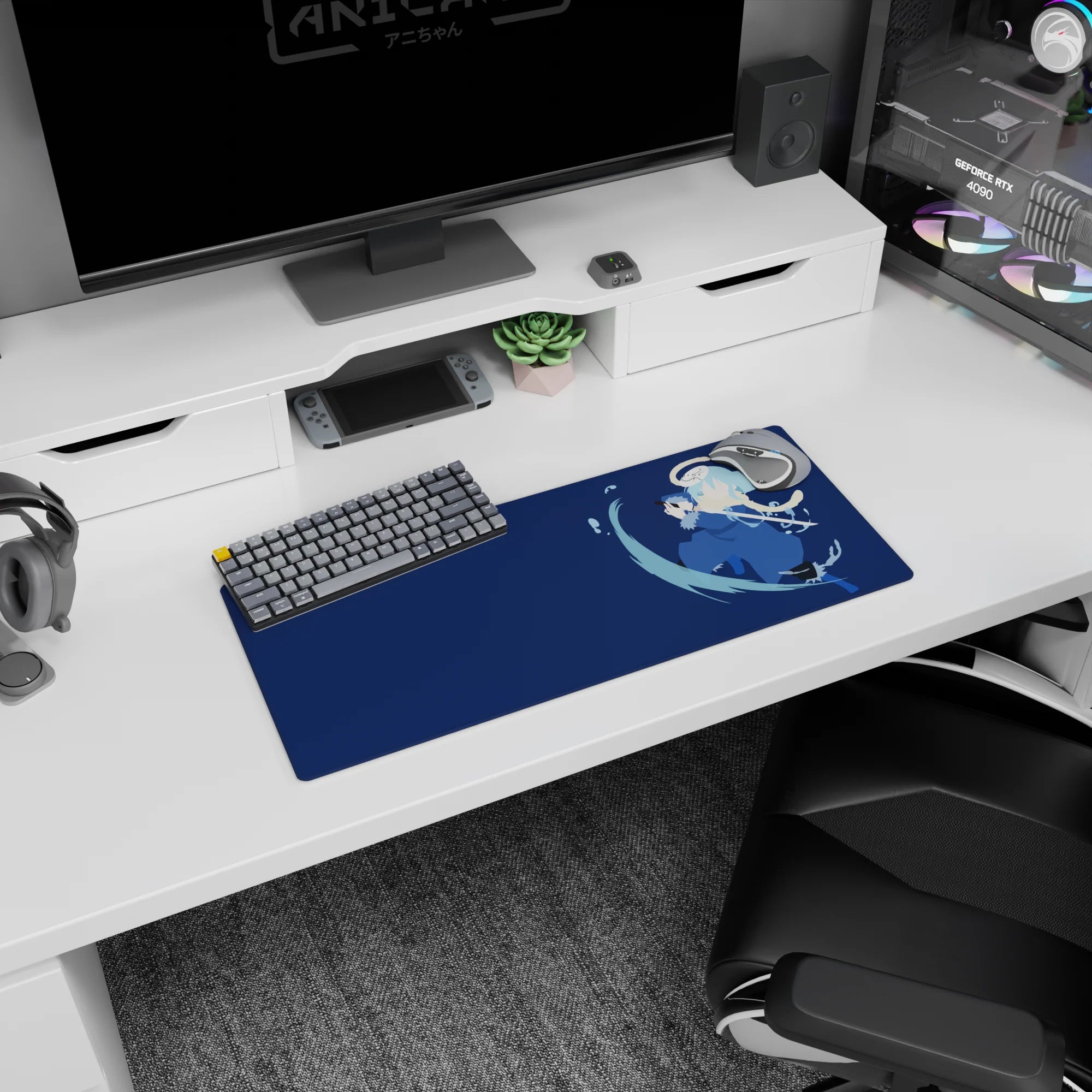 28x12 inches anime mouse pad showing a blue-coated swordsman mid-step, katana slicing through water ribbons.