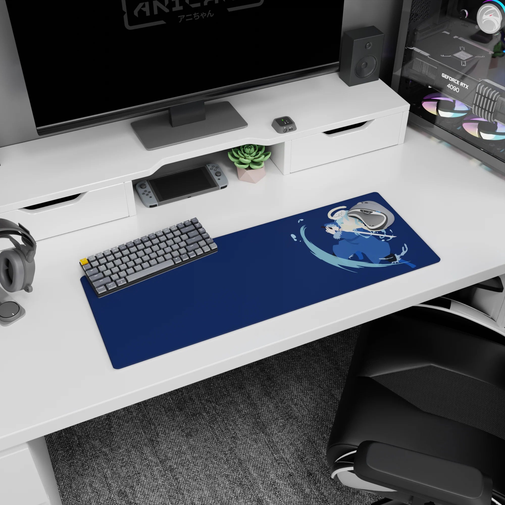 32x12 inches anime mouse pad featuring pale-haired fighter in blue coat, mid-step boots, slicing water with katana.