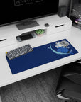 32x12 inches anime mouse pad featuring pale-haired fighter in blue coat, mid-step boots, slicing water with katana.