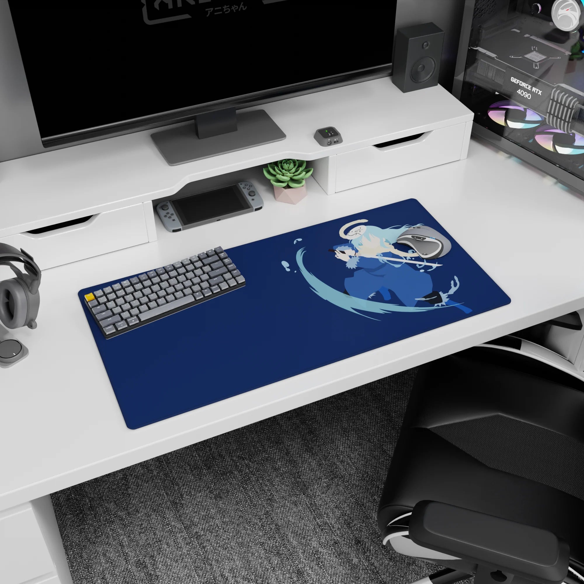 32x16 inches anime mouse pad featuring pale-haired swordsman mid-step, katana arc slicing through splashes.