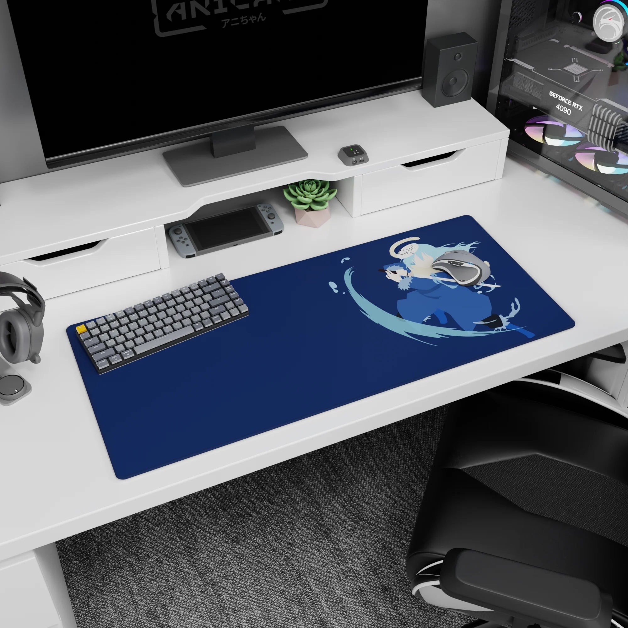 36x16 inches anime desk pad showing a focused fighter in blue boots, slashing water ribbons.
