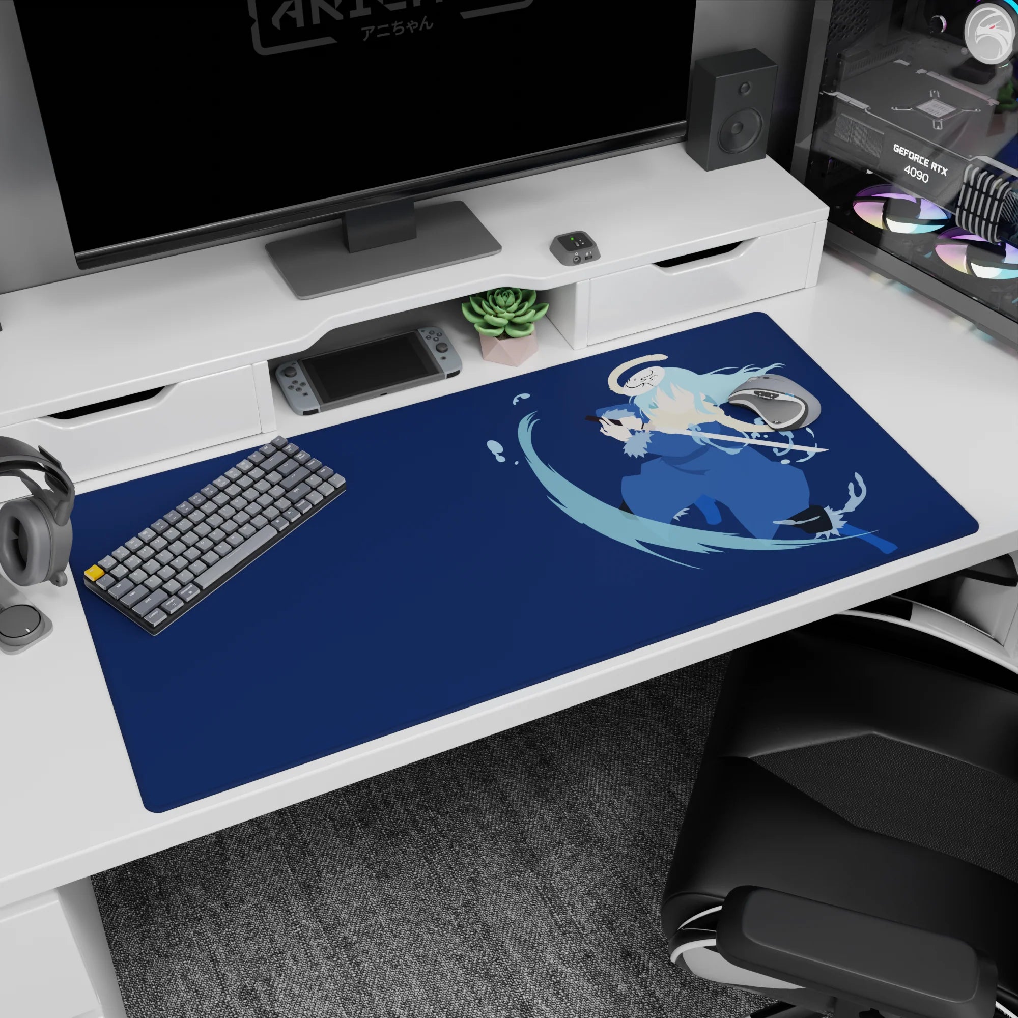 40x20 inches anime desk pad showing blue-coated swordsman mid-step, katana slash through splashing water.