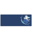32x12 inches anime mouse pad with navy backdrop, katana arc, splashing water ribbons, clean minimal art.