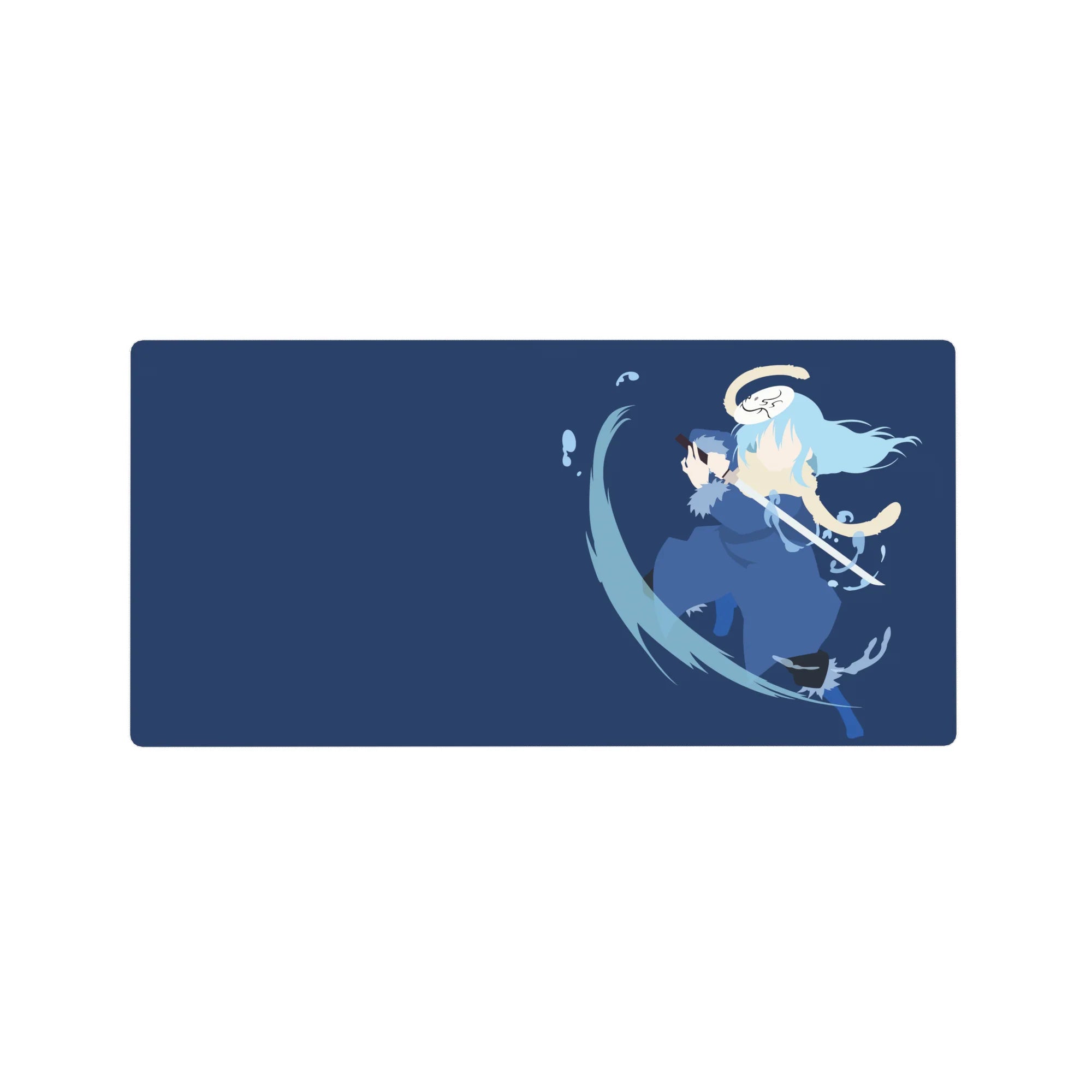 32x16 inches anime mouse pad with a lone katana fighter on a navy desk mat and water-ribbon slash.