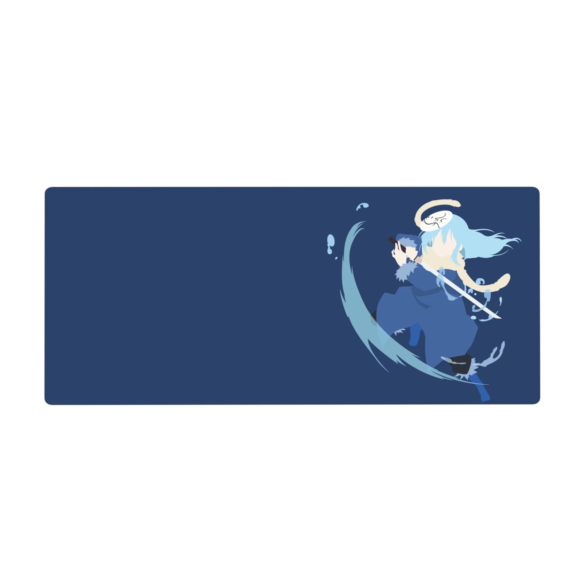 36x16 inches anime desk pad with navy backdrop, blue-clad swordsman and clean katana arc.