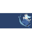 36x16 inches anime desk pad with navy backdrop, blue-clad swordsman and clean katana arc.