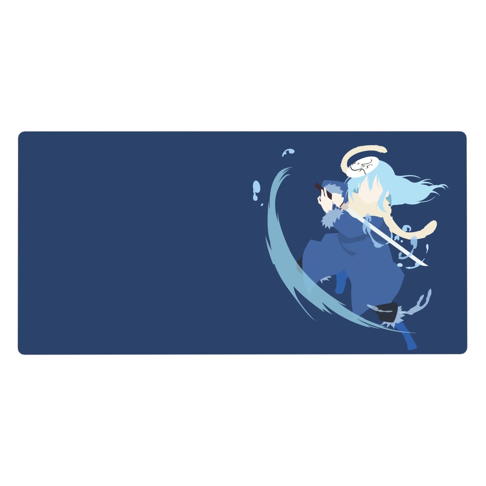 Anime desk pad 40x20 inches with lone katana fighter on navy backdrop, clean lines and water ribbon arc.