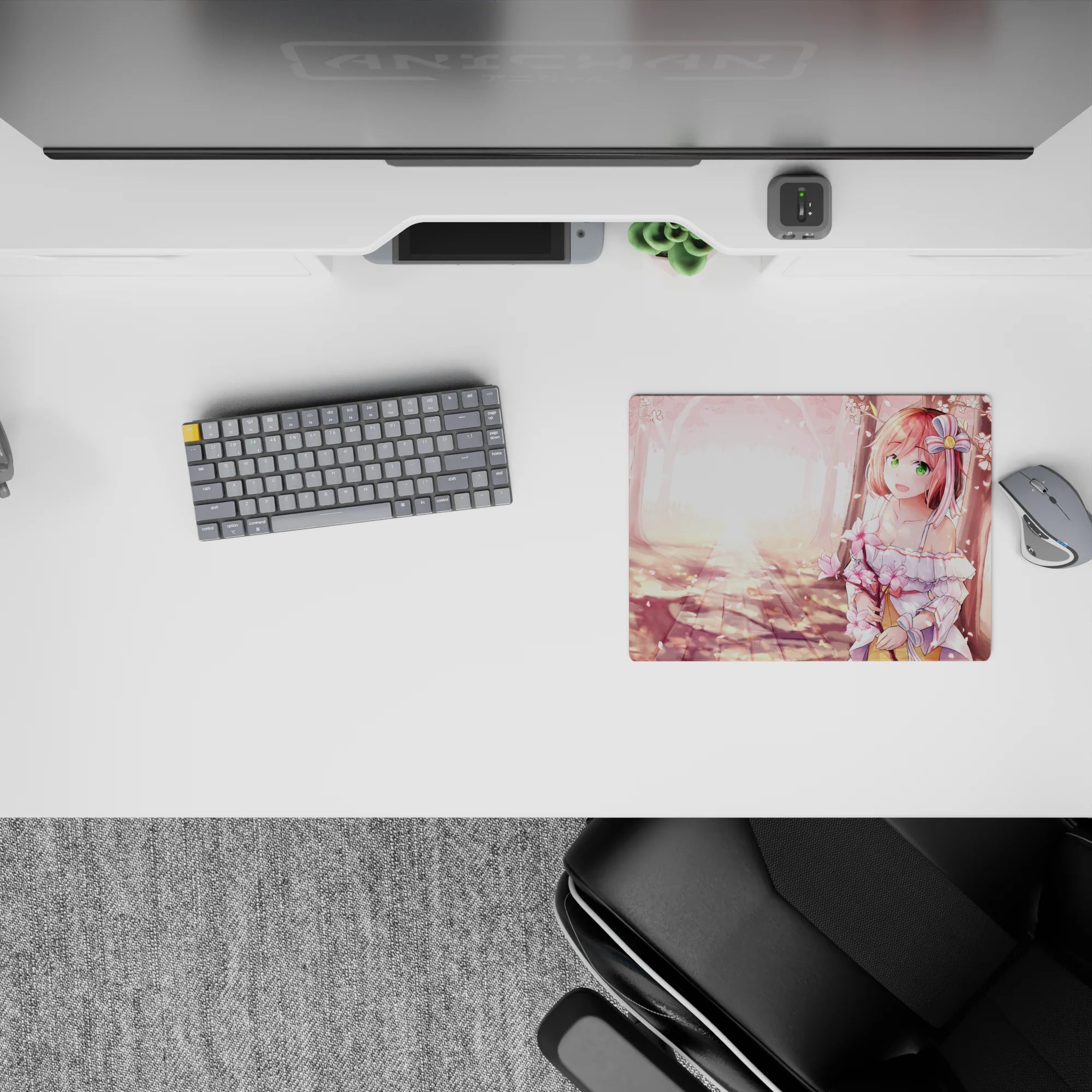 Dreamy blush-pink and warm golden glow anime girl mouse pad 14x10 inches with cherry blossom vibe.