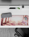 32x12 inches anime girl mouse pad in blush pink sakura petals and warm golden spring glow.