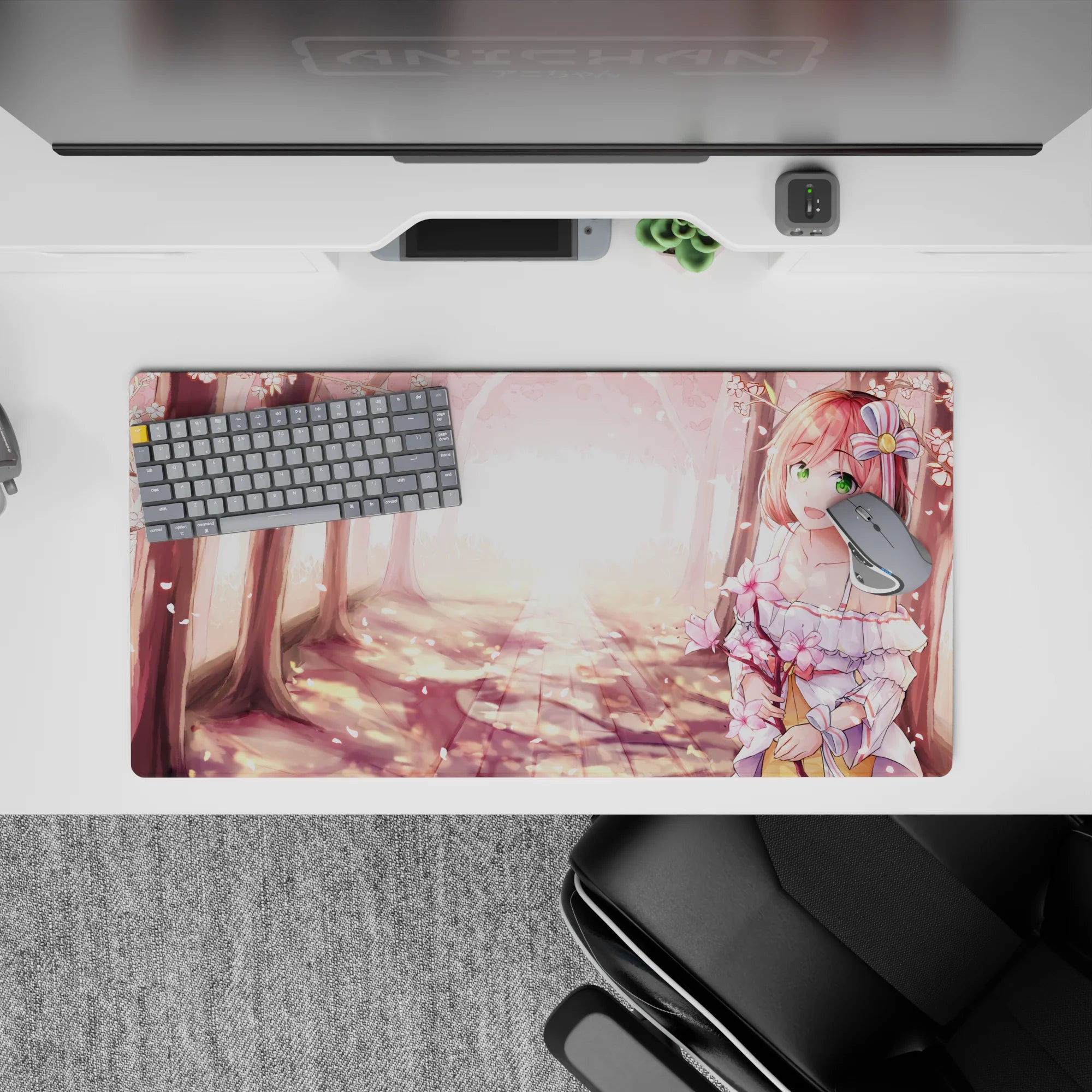 32x16 inches cherry blossom anime mouse pad in blush pink petals and warm golden spring glow.