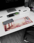 32x12 inches anime girl mouse pad showing pink-haired girl holding blossoms on a dreamy forest walk.