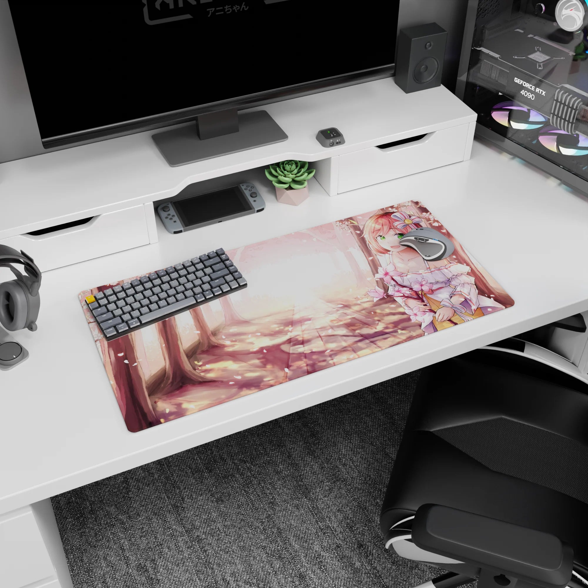 32x16 inches mouse pad with sweet pink-haired anime girl holding blossoms beneath soft sakura trees.