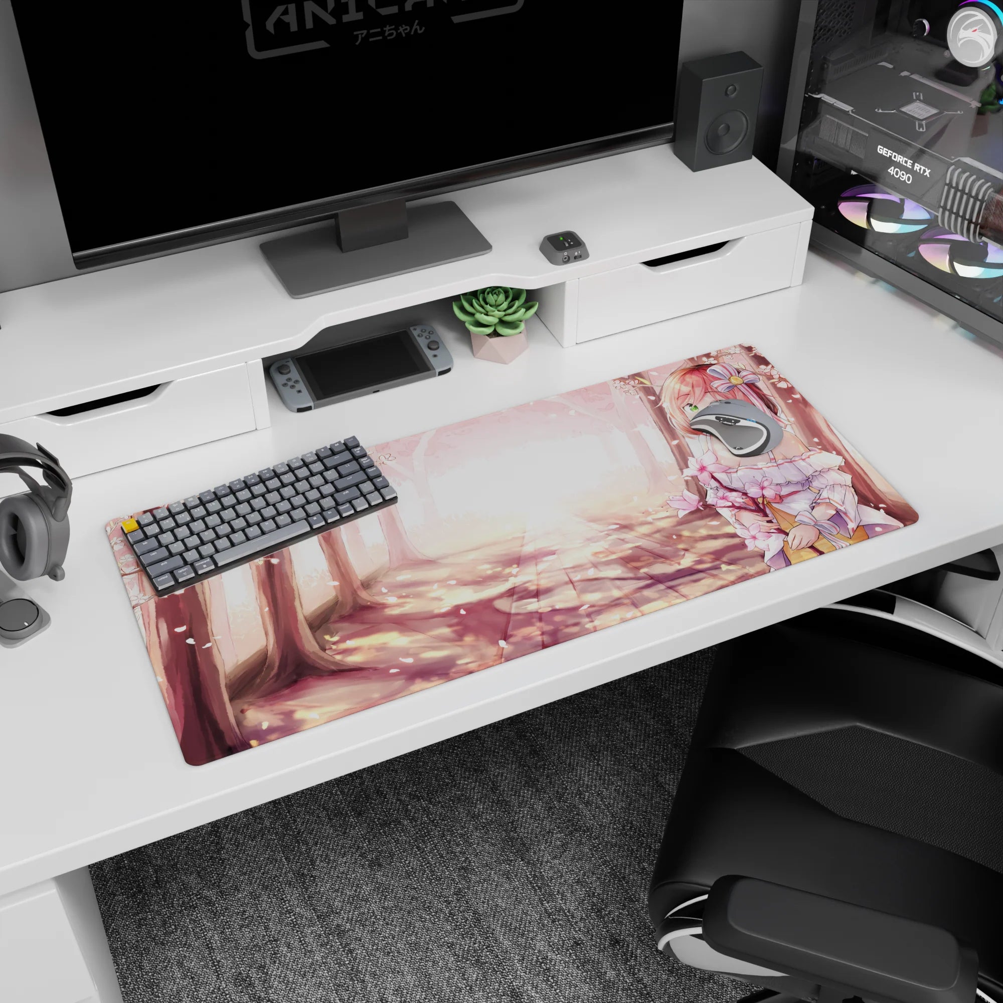 36x16 inches desk pad showing a sweet pink-haired anime girl holding blossoms on a dreamy forest path.