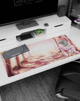 36x16 inches desk pad showing a sweet pink-haired anime girl holding blossoms on a dreamy forest path.