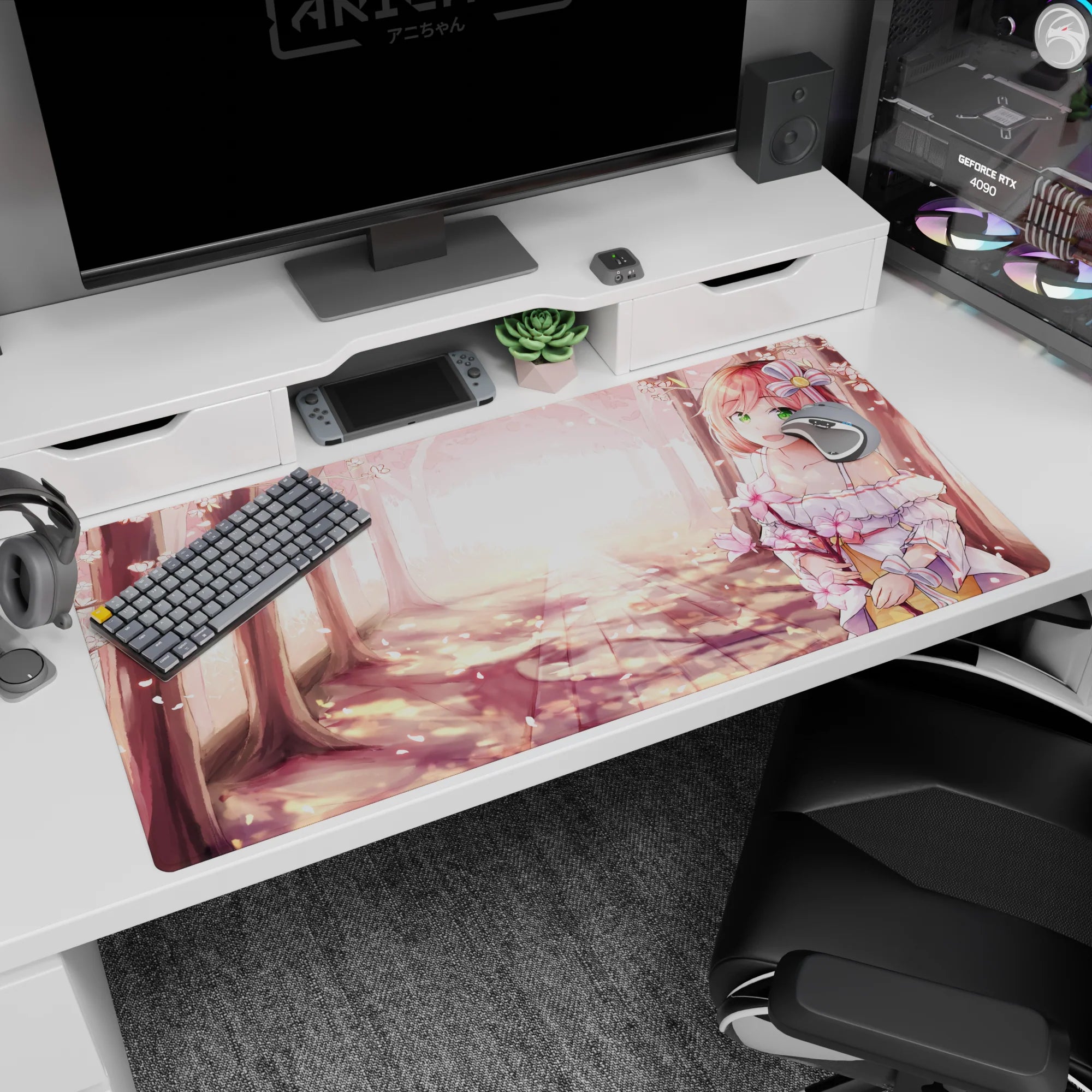 40x20 inches anime girl desk pad showing a sweet pink-haired girl holding blossoms on a dreamy path.
