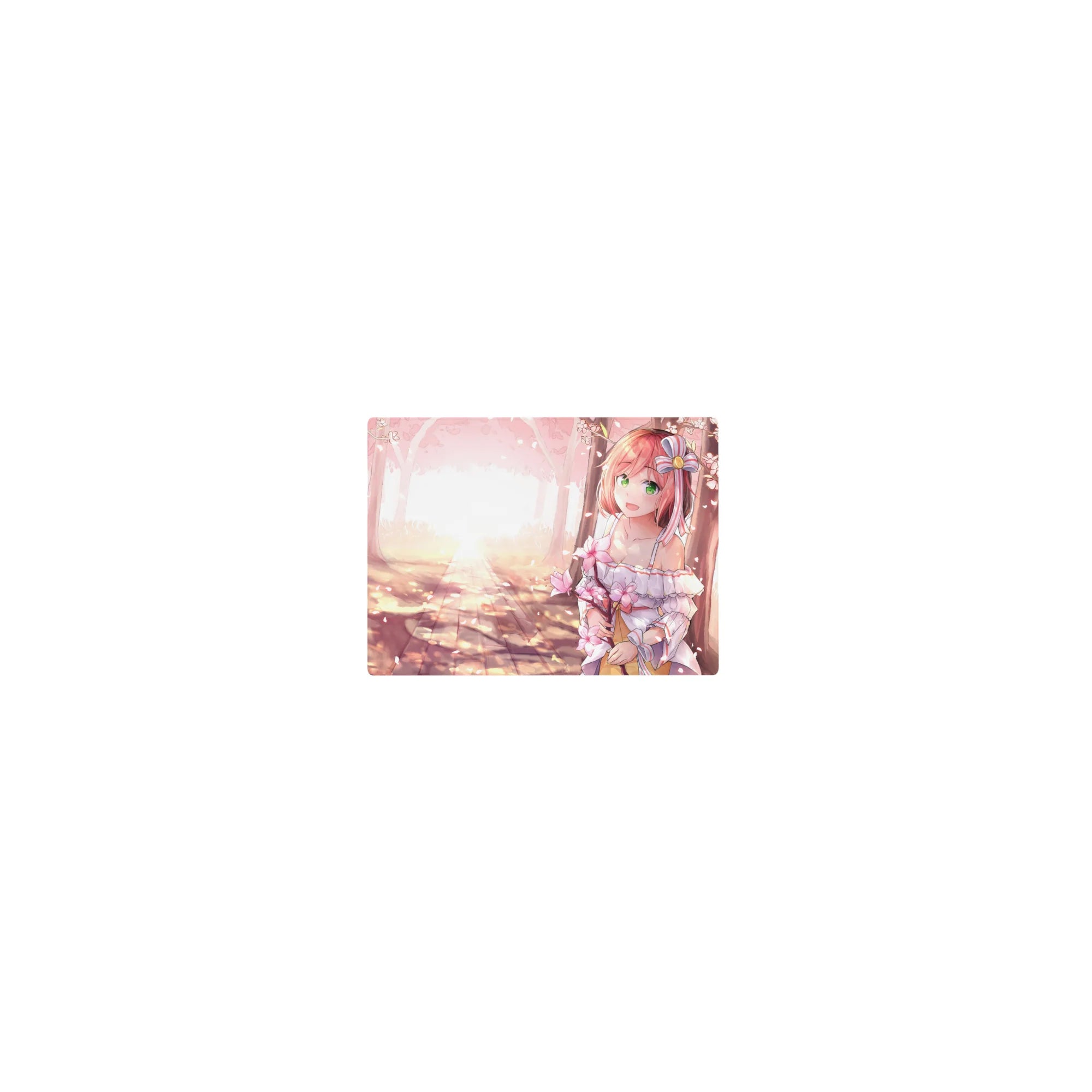 Classic anime girl mouse pad 14x10 inches with sakura forest path, pink-haired girl, and blossom details.