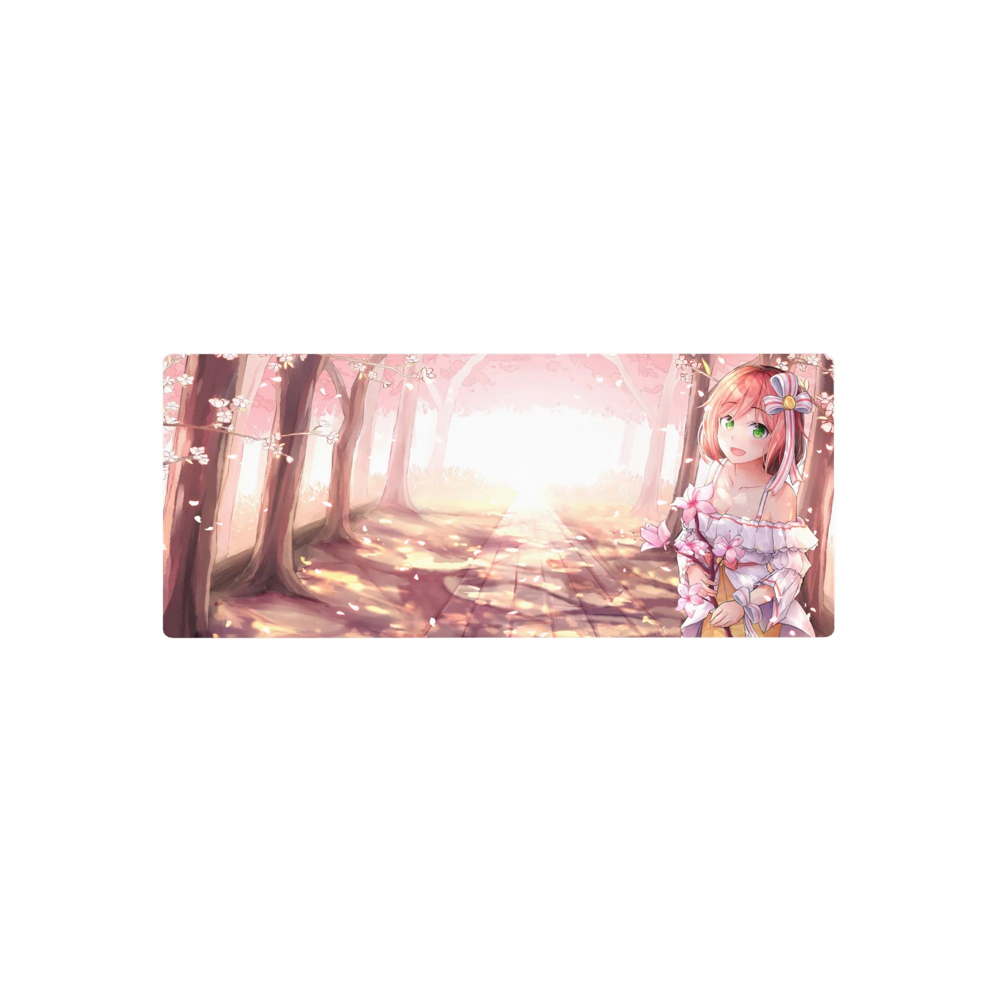 28x12 inches anime girl mouse pad with pink-haired girl, ribbon dress, and cherry blossom forest path.