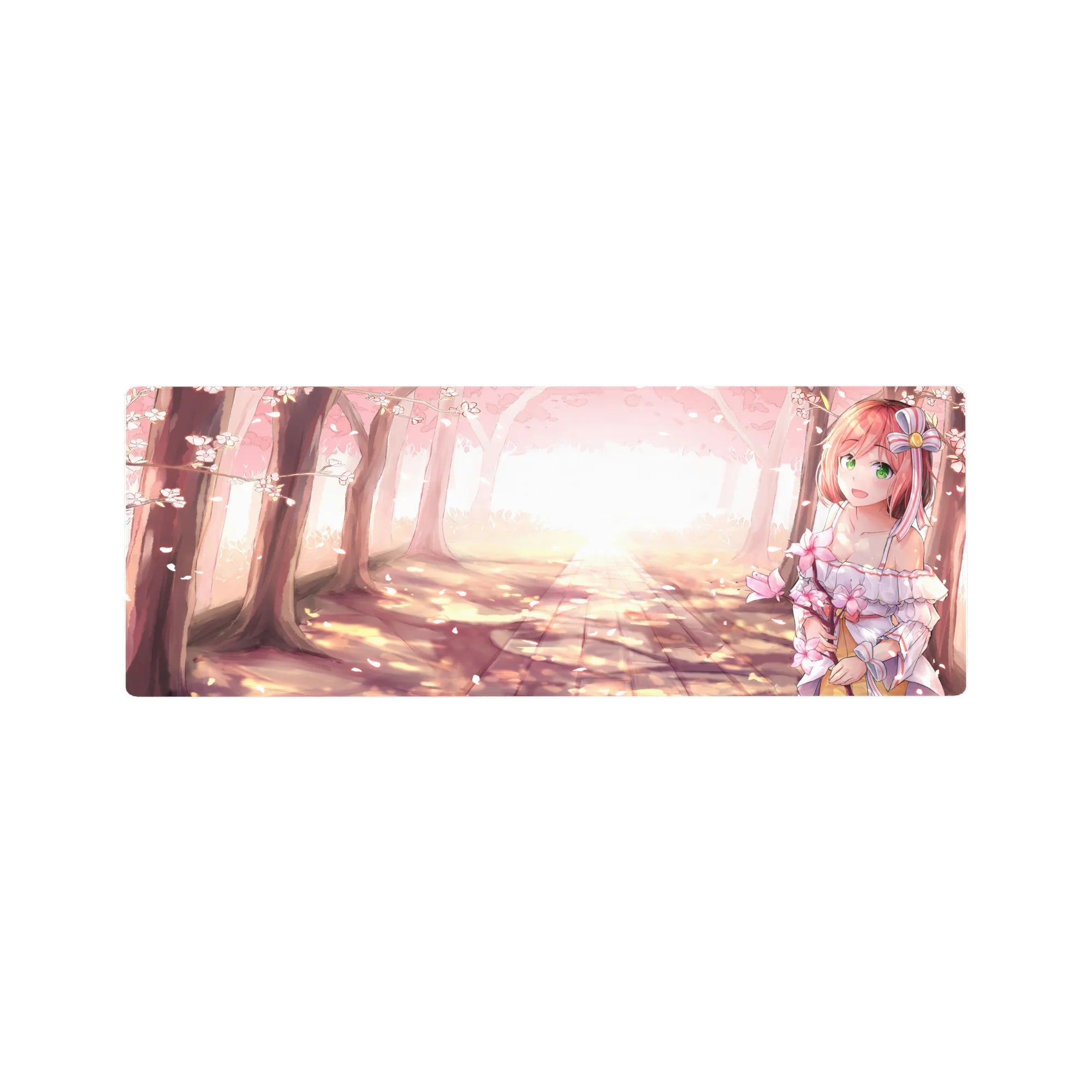32x12 inches anime girl mouse pad with cherry blossom forest path, pink-haired girl, and ribbon dress.