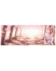 32x12 inches anime girl mouse pad with cherry blossom forest path, pink-haired girl, and ribbon dress.