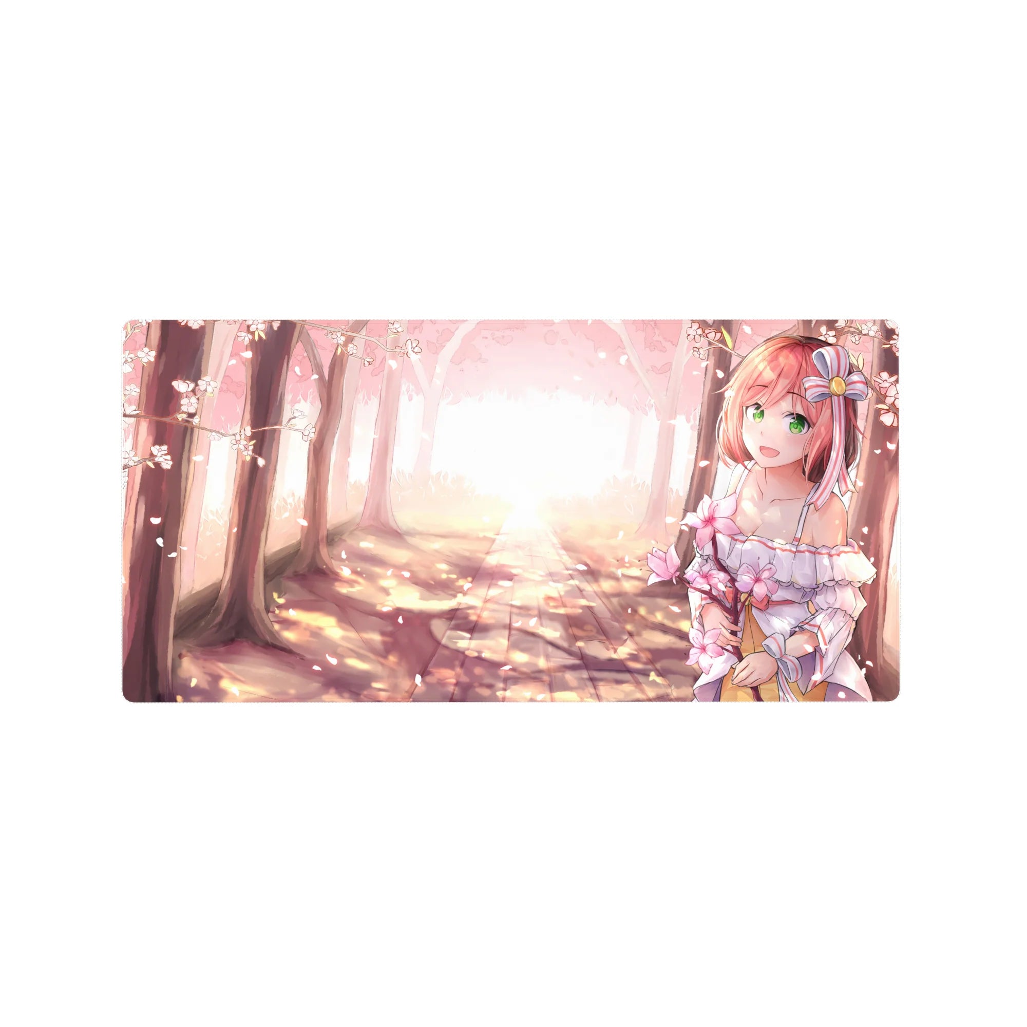 32x16 inches anime girl mouse pad with pink-haired girl in ribbon dress on a sakura forest path.