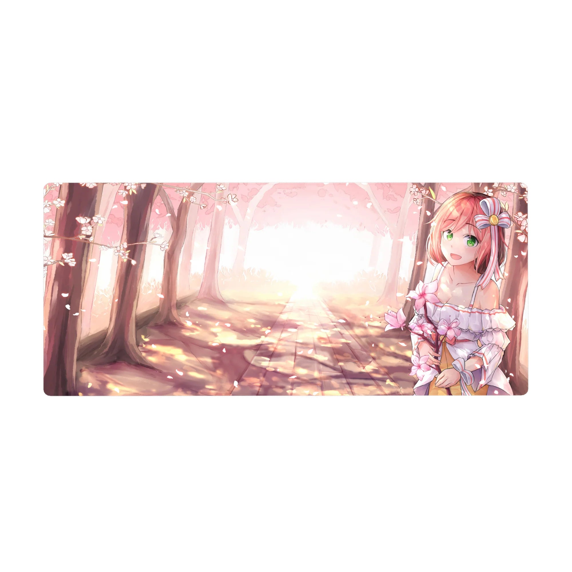 36x16 inches anime girl desk pad with pink-haired girl, white ribbon dress, and cherry blossoms.
