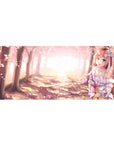 36x16 inches anime girl desk pad with pink-haired girl, white ribbon dress, and cherry blossoms.