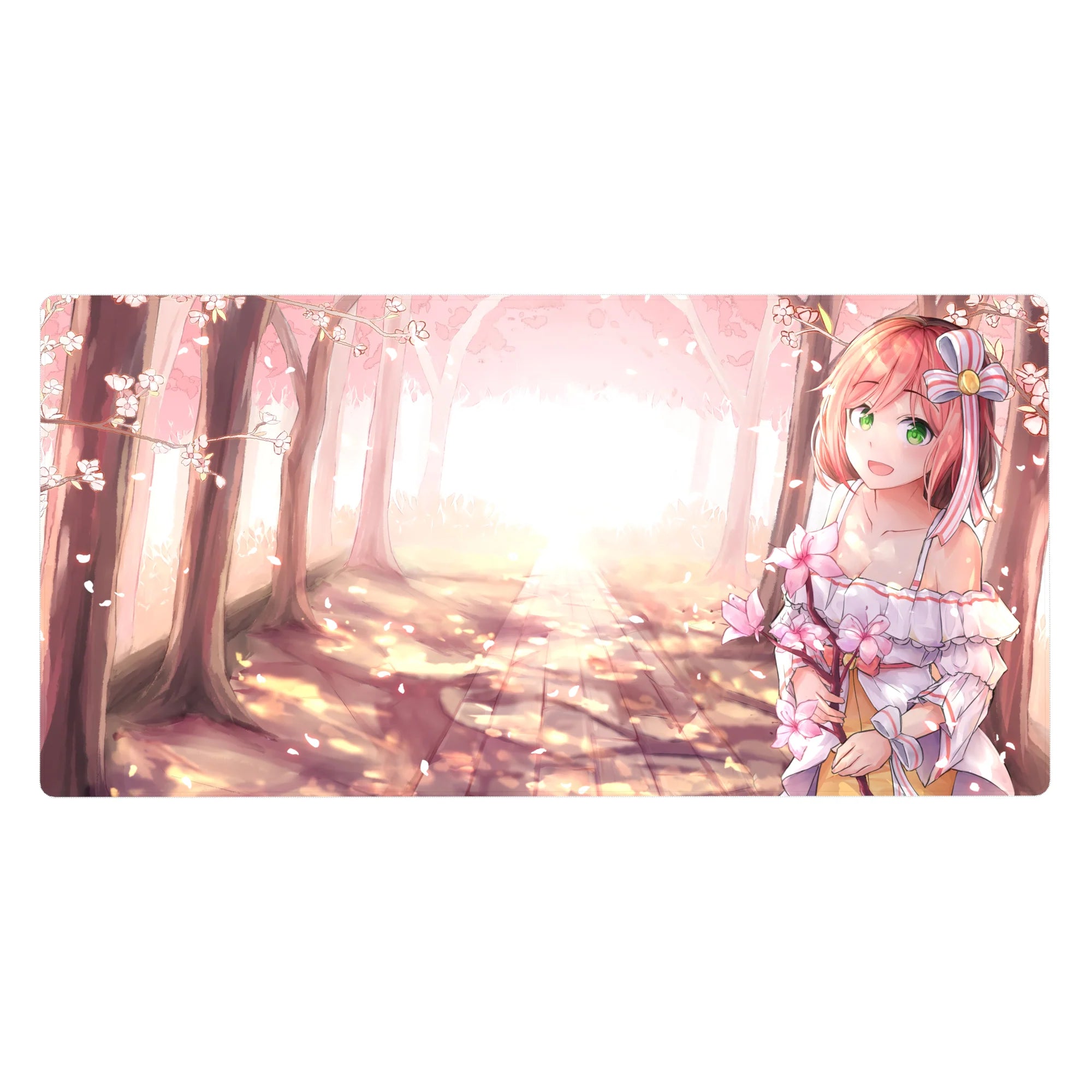 Anime girl desk pad 40x20 inches with pink-haired girl, white ribbon dress, and sakura forest path.