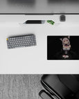 Black backdrop anime girl mouse pad with silver hair, lilac eyes, and pink ribbon accents, 14x10 inches.
