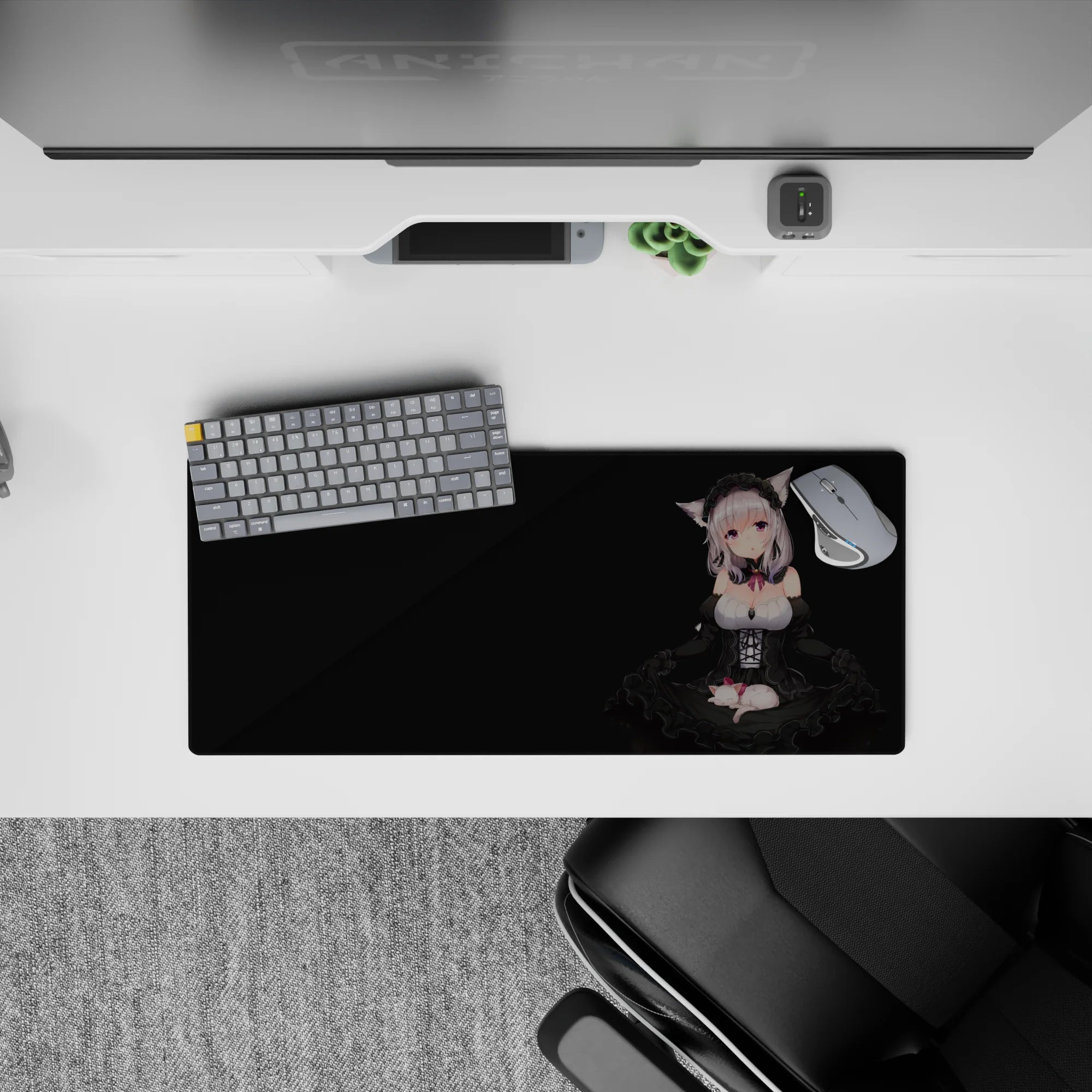 Black and lilac kawaii desk mat with pink ribbon accents, smooth glide mood, 28x12 inches.