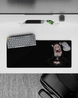 Black and lilac kawaii desk mat with pink ribbon accents, smooth glide mood, 28x12 inches.