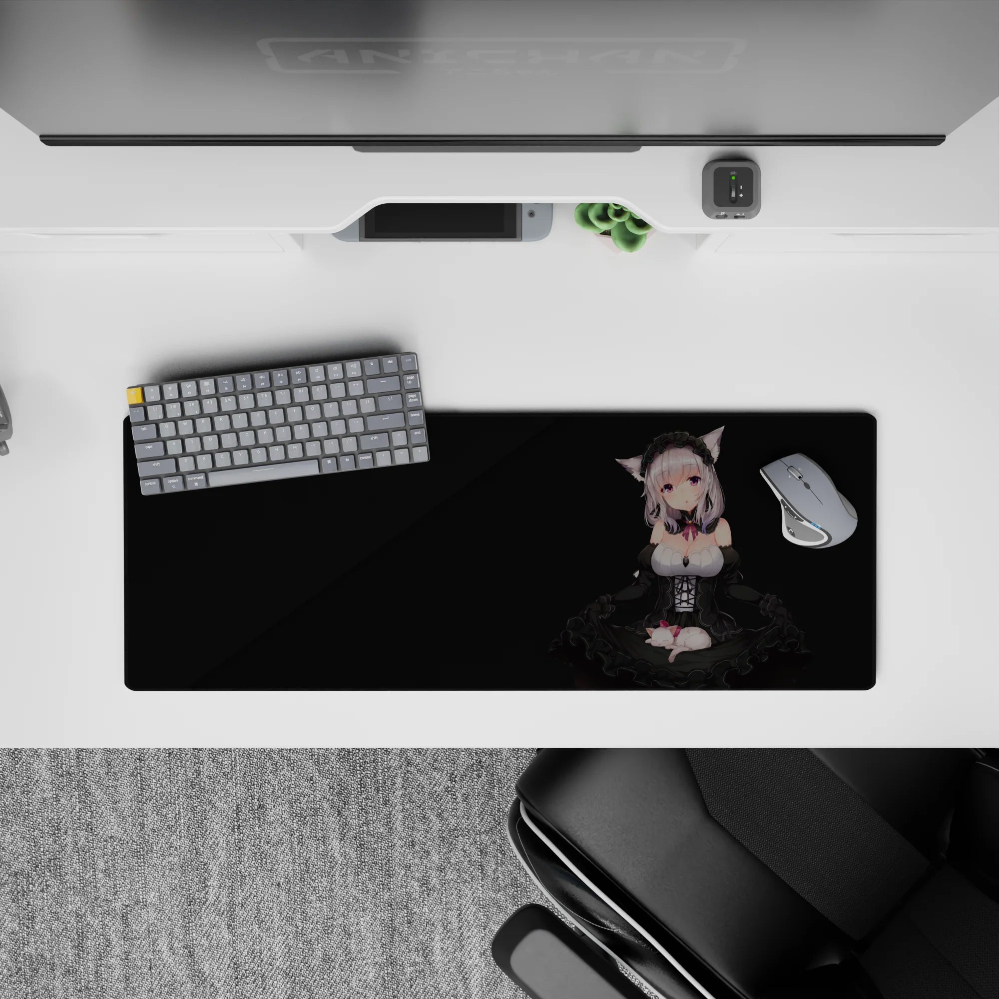 32x12 inches anime girl mouse pad in black and lilac tones, silver hair, pink ribbon accents, cozy gothic mood.