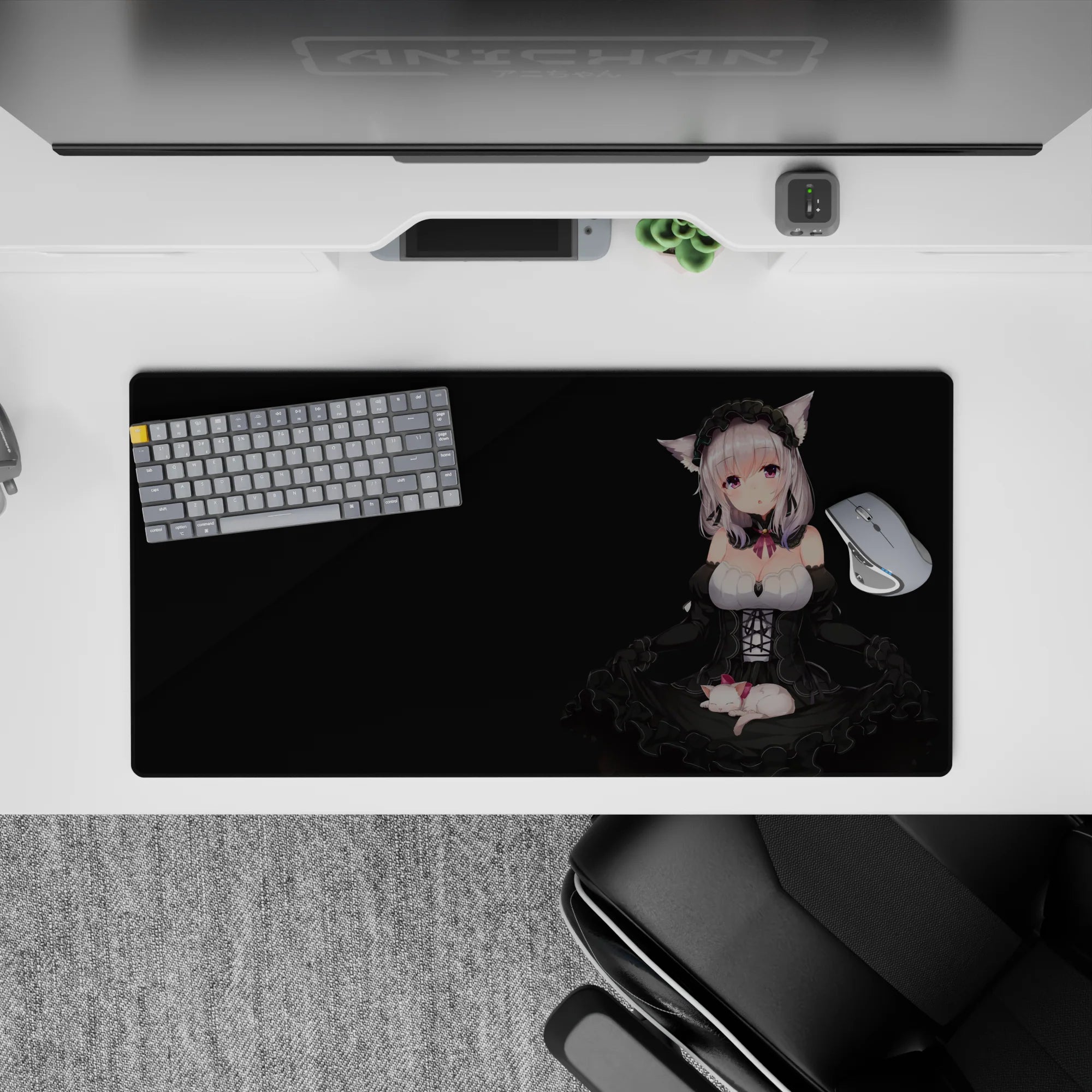 32x16 inches anime mouse pad in deep black and lilac tones, soft pink ribbons, cozy gothic vibe.