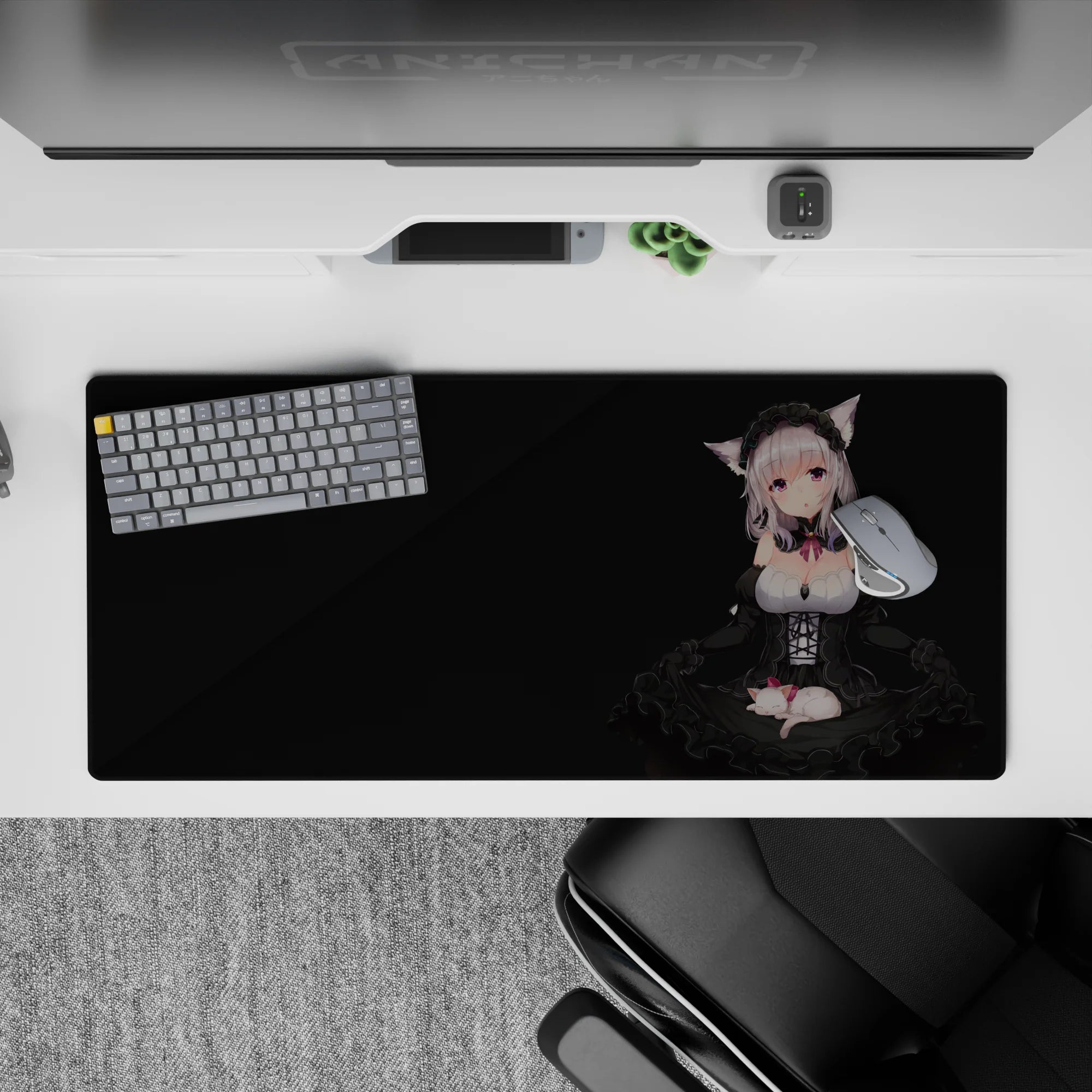 Silver hair, lilac eyes on deep black anime desk pad 36x16 inches, classy contrast for cozy gaming.