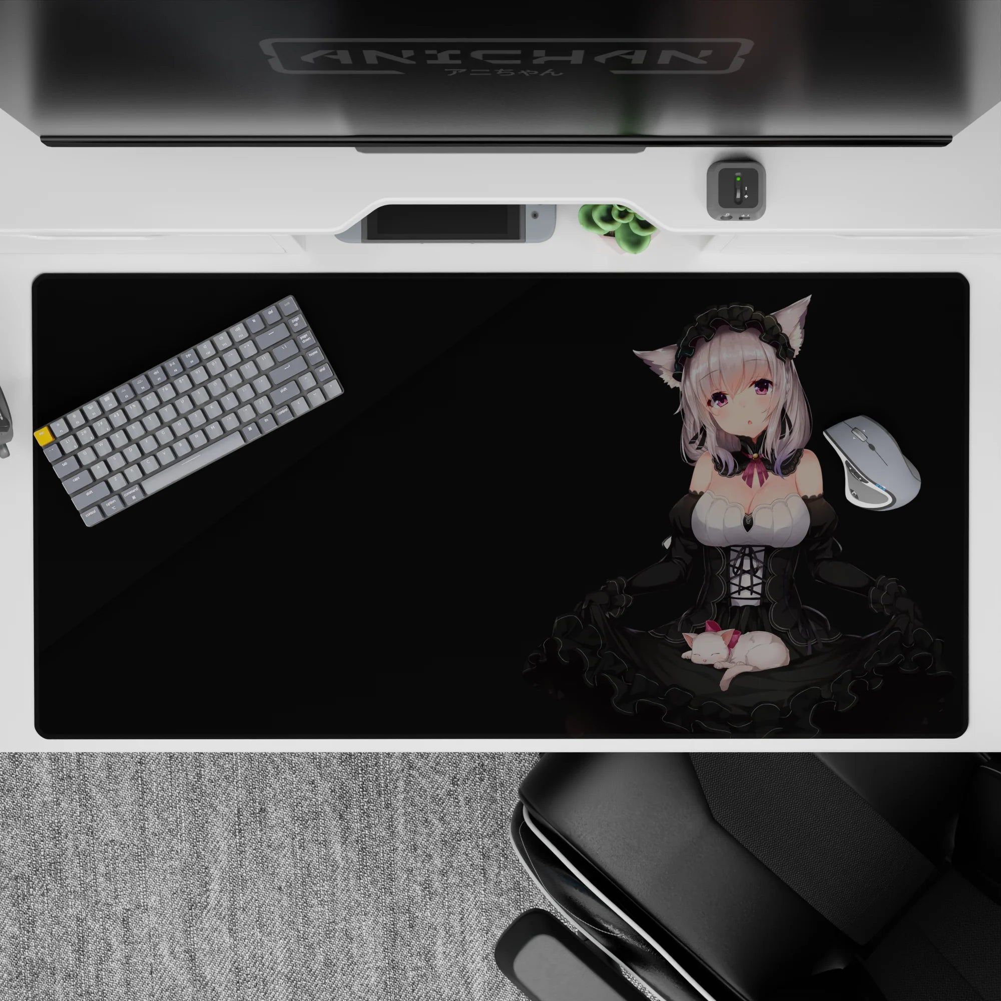 Black backdrop desk pad 40x20 inches with silver-haired neko girl, lilac eyes, soft cozy gothic vibe.