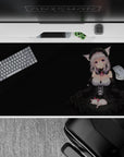 Black backdrop desk pad 40x20 inches with silver-haired neko girl, lilac eyes, soft cozy gothic vibe.