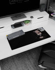 Silver-haired neko maid with lilac eyes holding a sleeping kitten on lap, mouse pad 28x12 inches.