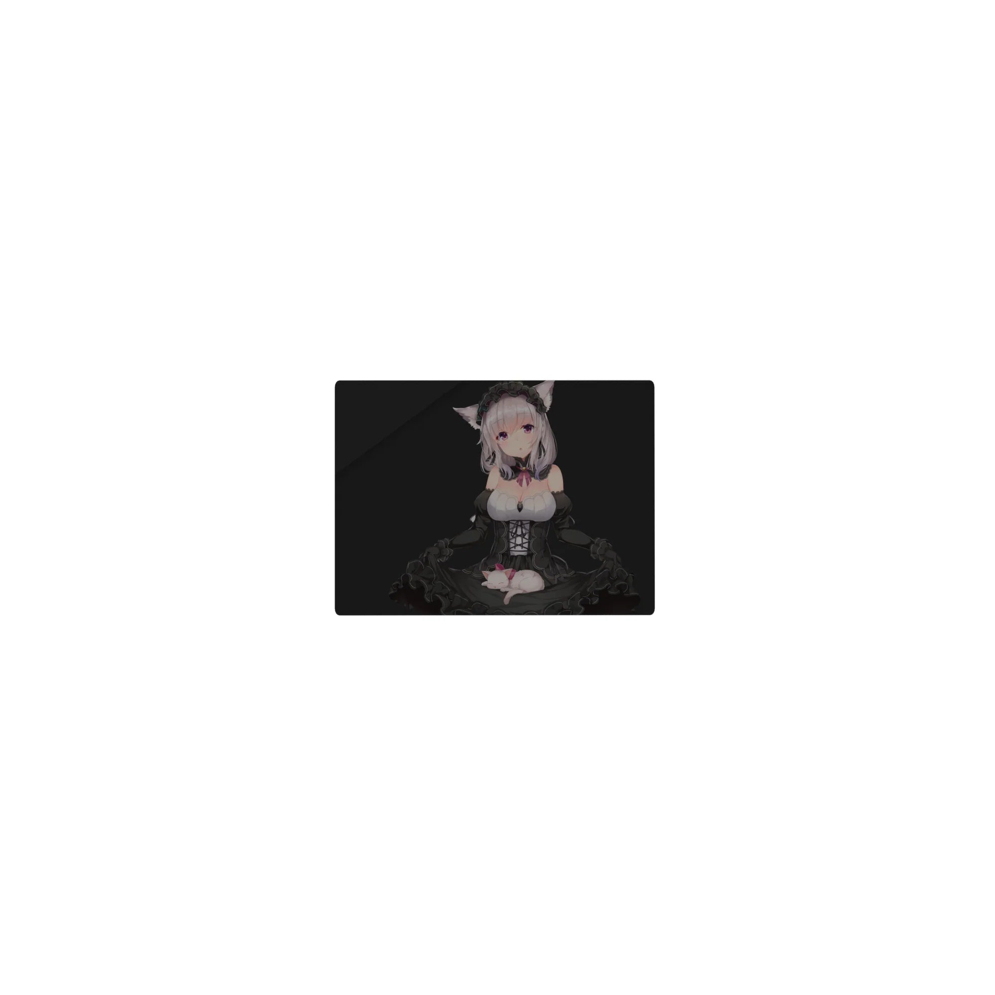 Gothic catgirl maid anime girl mouse pad with frills, corset lacing, and tiny kitty, 14x10 inches.