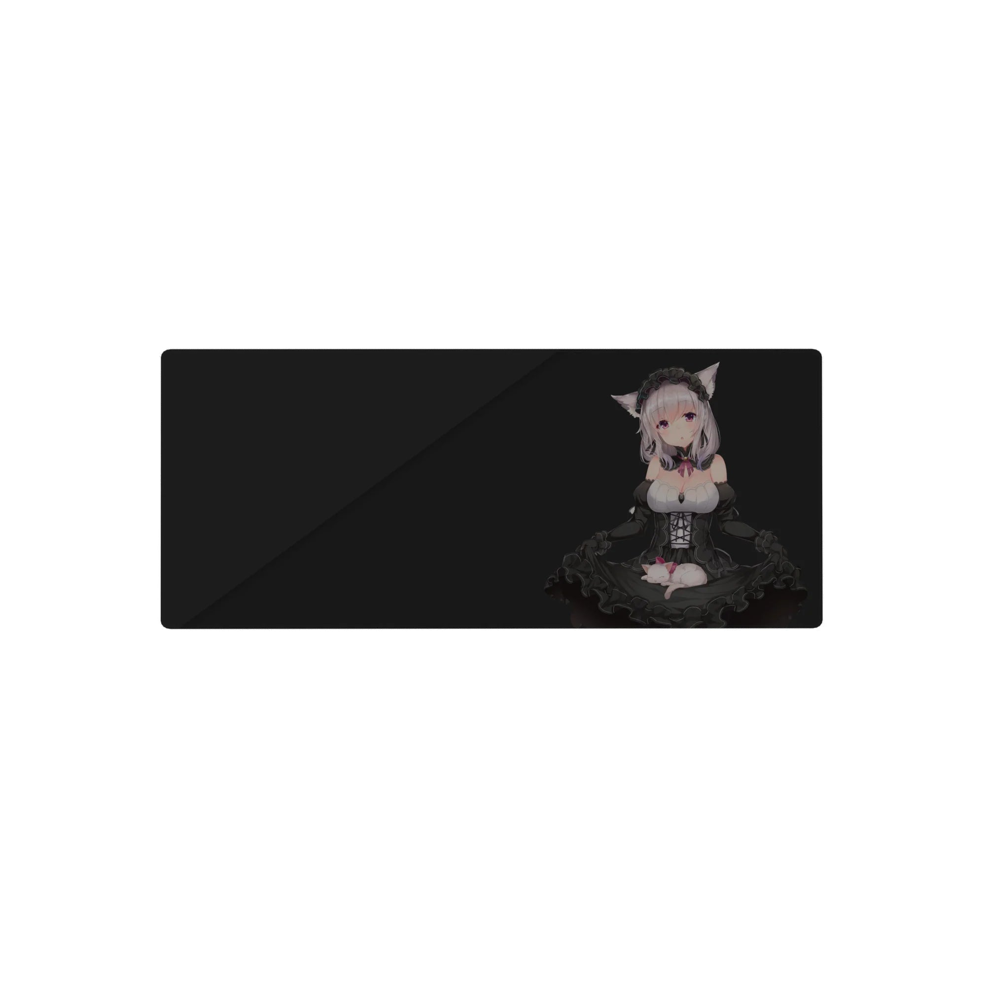Gothic catgirl maid anime girl mouse pad, silver hair, frills, black backdrop, 28x12 inches.