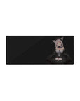 Gothic catgirl maid anime girl mouse pad, silver hair, frills, black backdrop, 28x12 inches.
