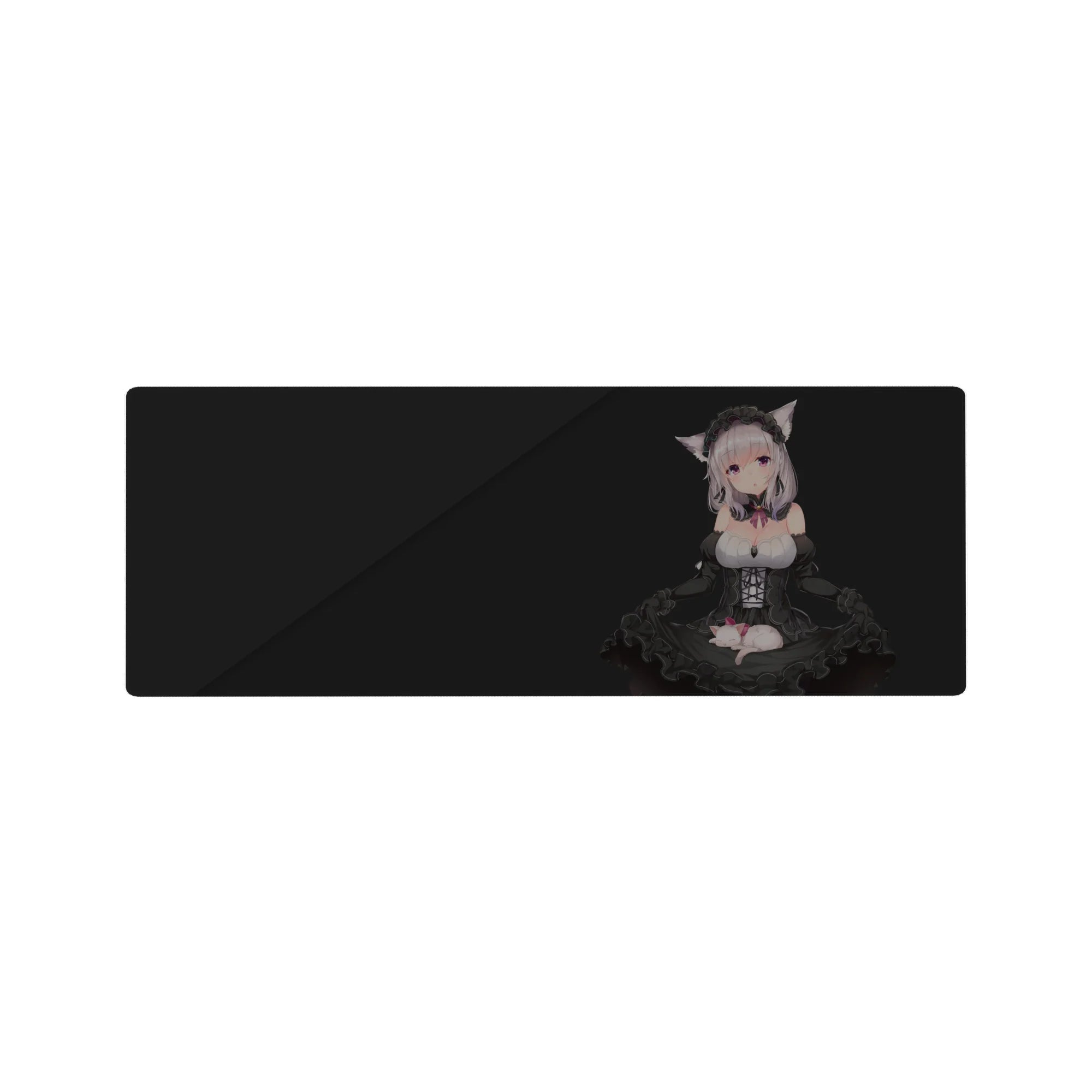 32x12 inches anime girl mouse pad with gothic catgirl maid art, frills, corset lacing, and tiny kitten.