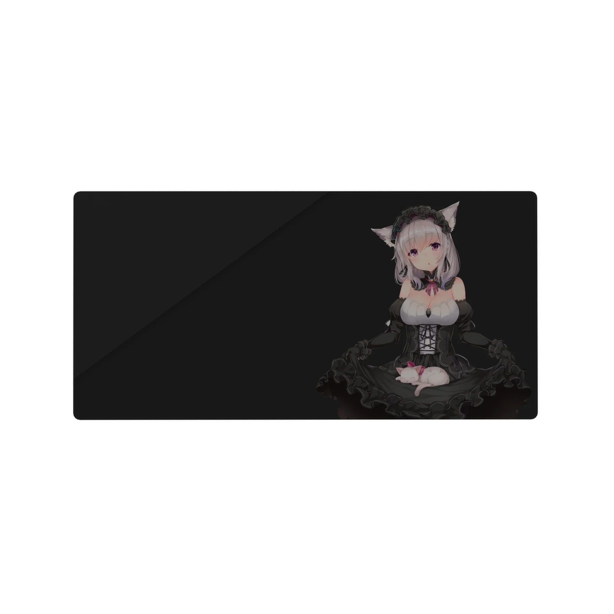 32x16 inches anime girl mouse pad with gothic catgirl maid, silver hair, frills, corset, and kitty.