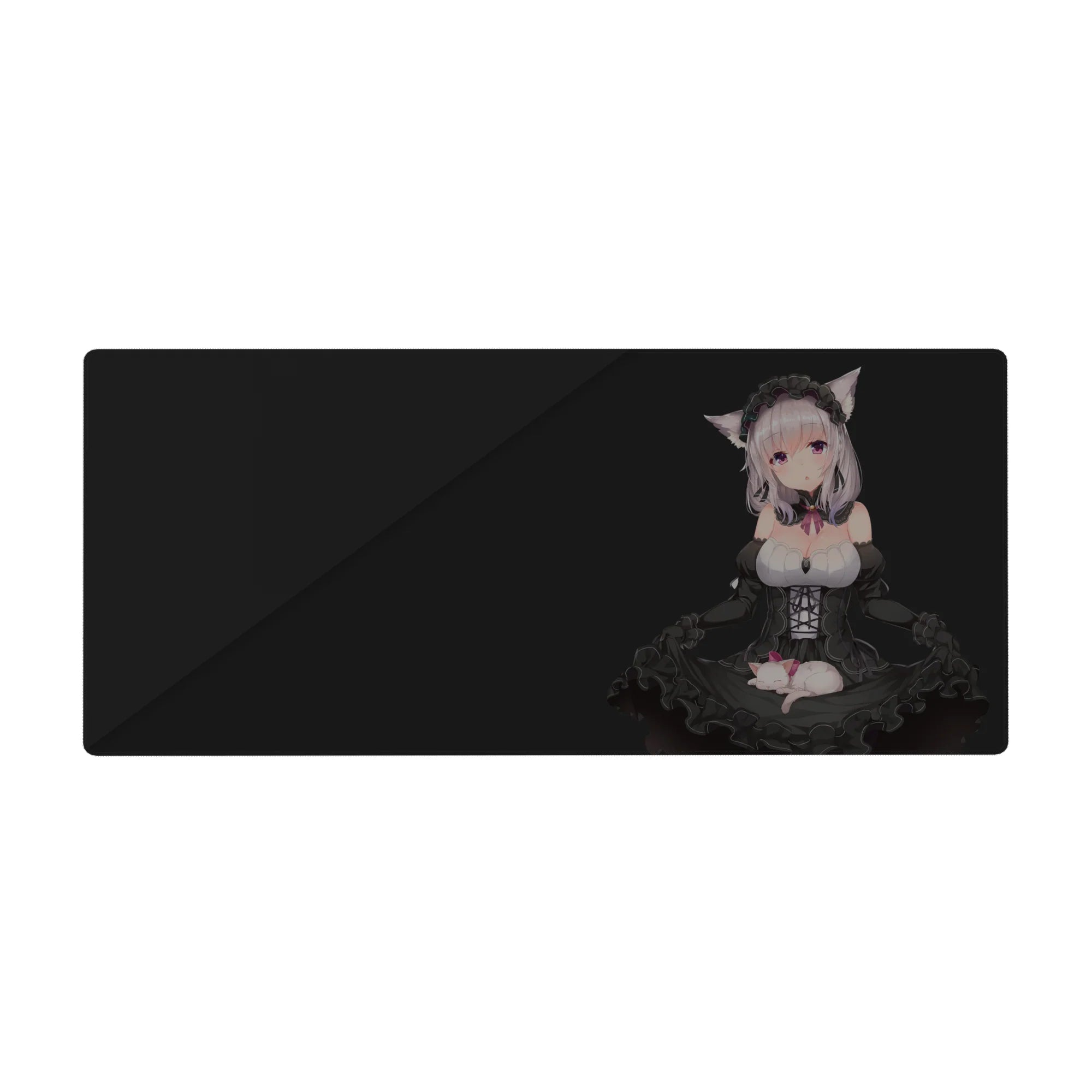 Gothic catgirl maid anime desk pad 36x16 inches with frills, corset lacing, and pink ribbons.